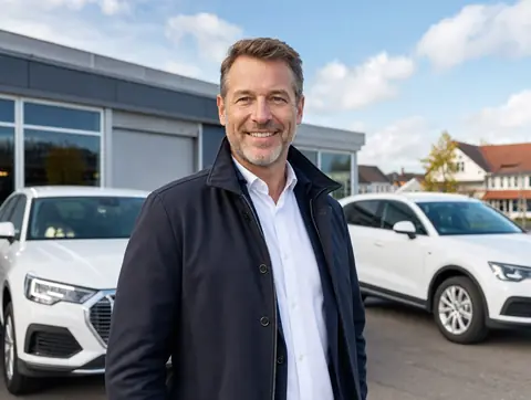 Verkäufer aus Monreal mit dem verkauften Fahrzeug